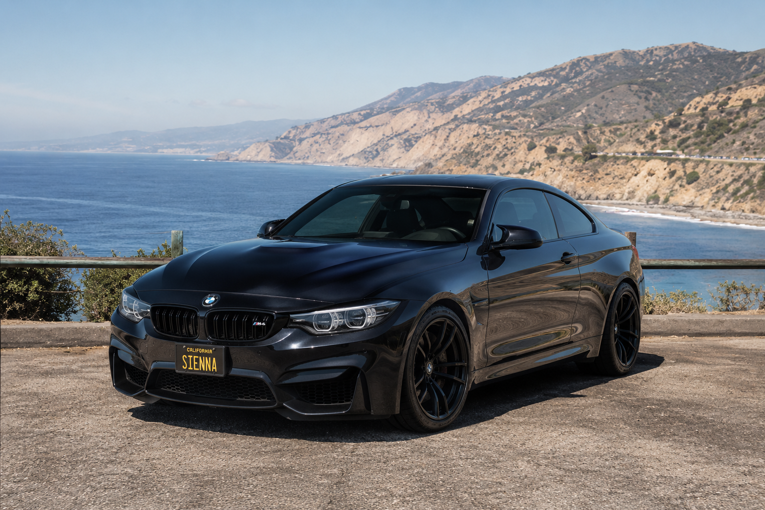 Sienna's black BMW F82 M4 parked at a sunny Malibu coastal overlook