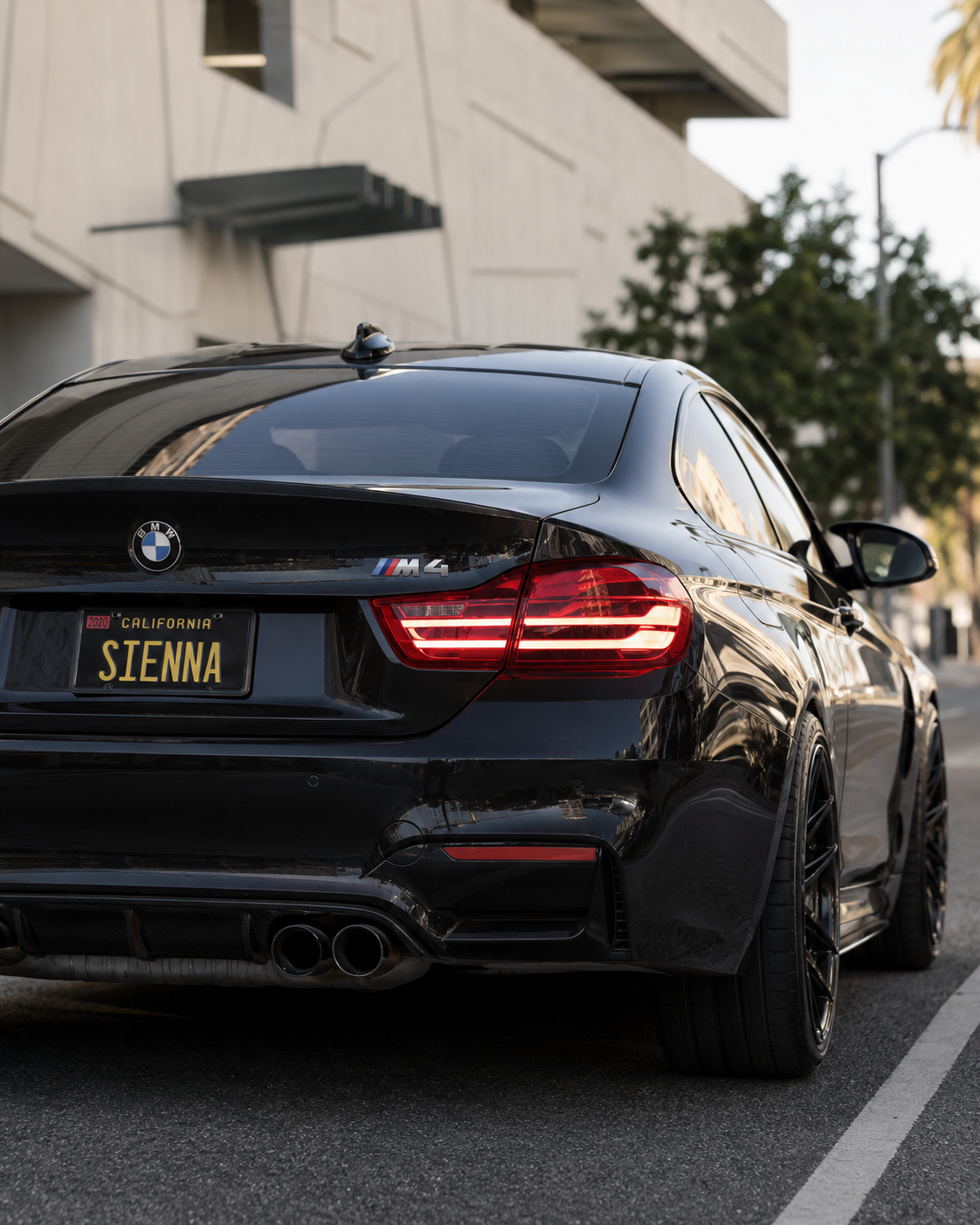 Close rear view of Sienna's black BMW F82 M4 showing its M4 badge and SIENNA plate