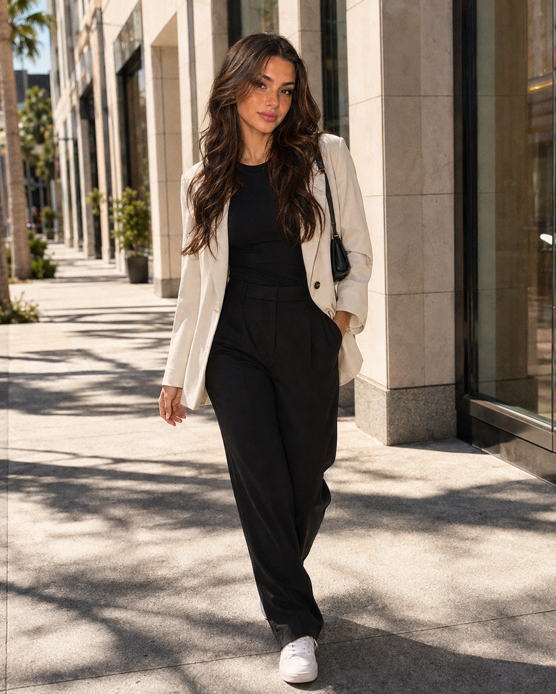 Sienna Vale walking along a sunny Beverly Hills street in a cream blazer and black outfit